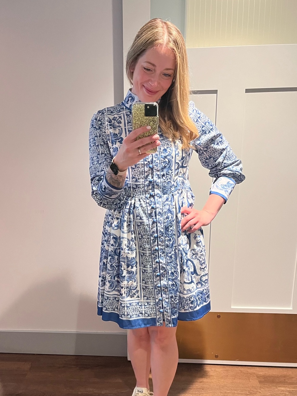 Blue and White Printed Midi Dress - Picture 7 of 7